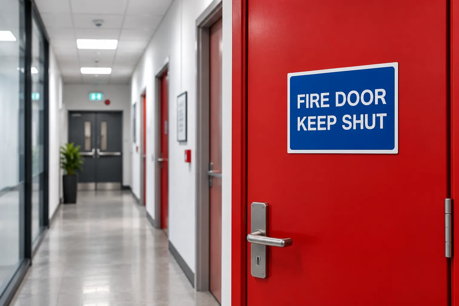 Red fire door in a modern corridor